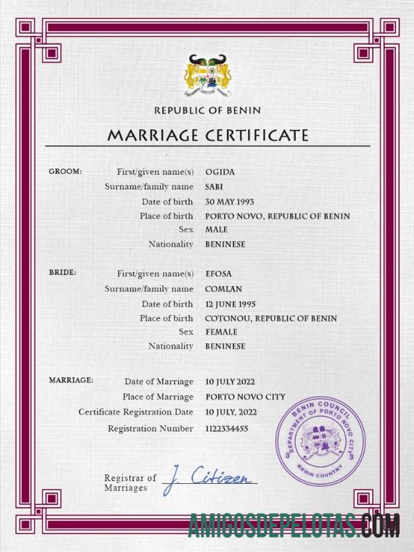 Imprimível modelo PSD de certidão de casamento do Benin